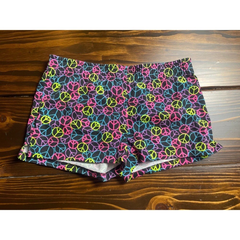 OP Shorts Women's Size XS Black ColorFul Peace Sign Swiming Trunks Elastic Waist